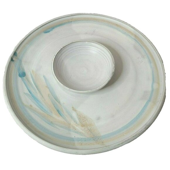 Vintage Stoneware Art Pottery Chip And Dip Serving Dish Tray Round Blue Signed - Picture 1 of 5